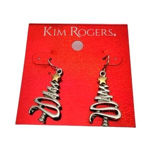 Vintage Kim Rogers Christmas Tree Silvertone Earring French Hook With Gold Star